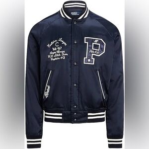 Ralph lauren polo satin varsity inspired jacket SZ LG  with Polo 67 snap back